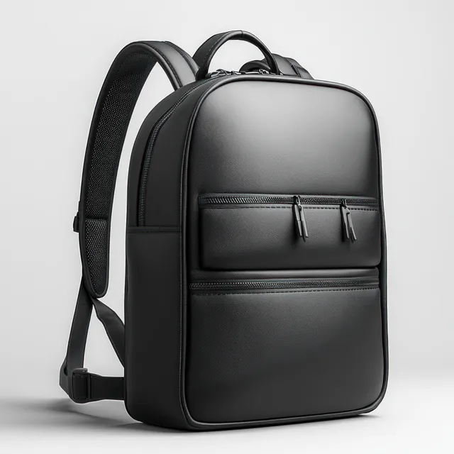 A front view of a black school backpack isolated on a white background with visible zipper and pocket details.