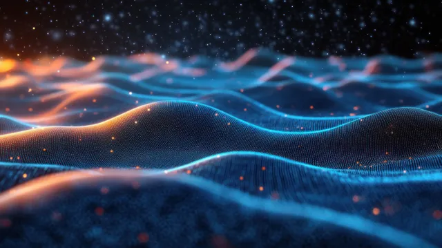 Glowing blue wave ridges ripple across a dark starry sky, dotted with orange particle sparks.