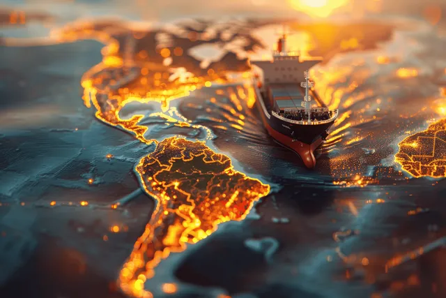 Cargo ship sailing above a glowing map of the Americas with bright maritime route lines.