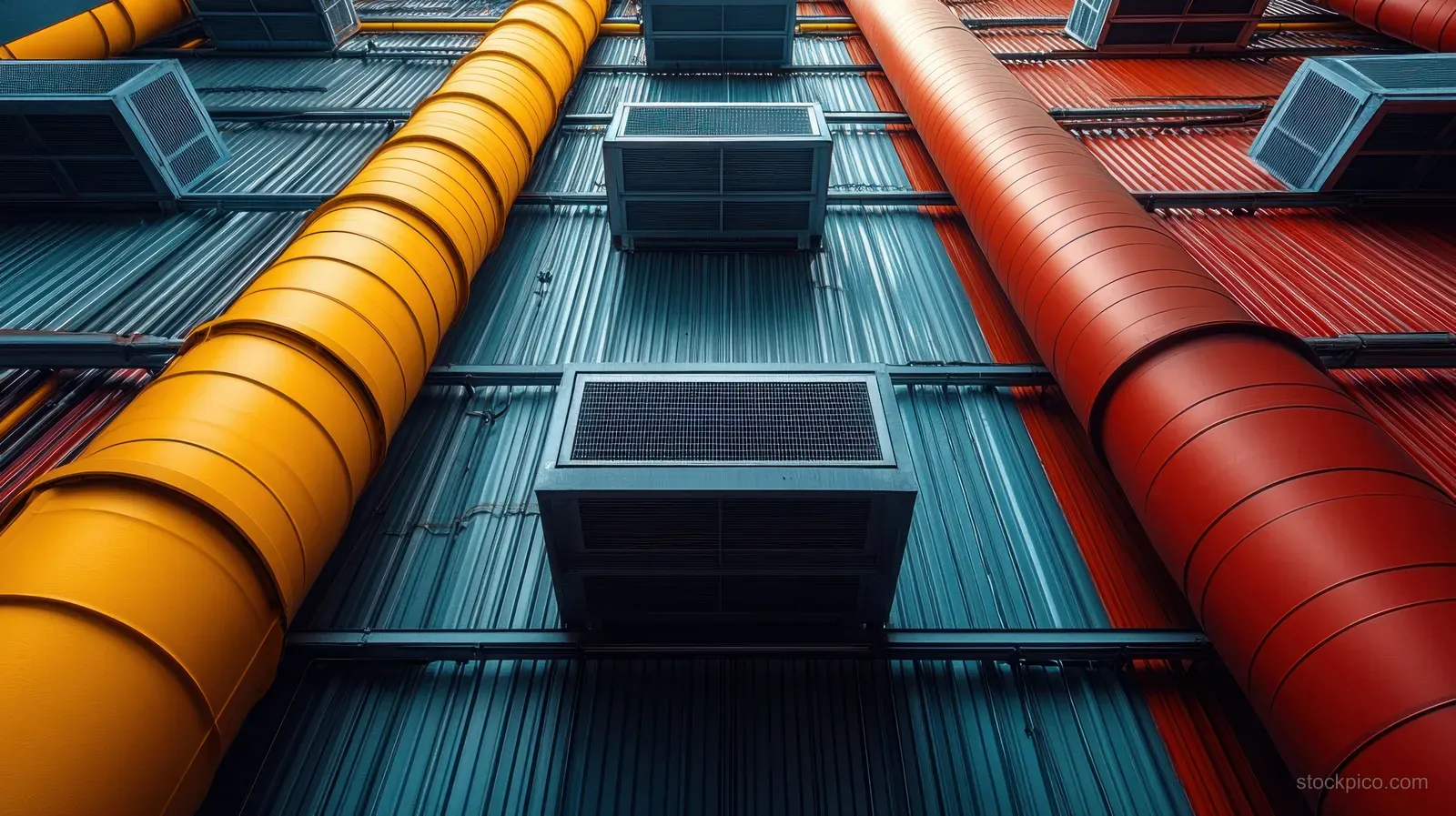 Upward view of a metal ceiling with large yellow and red industrial ducts, blue junction boxes, and geometric shadows.