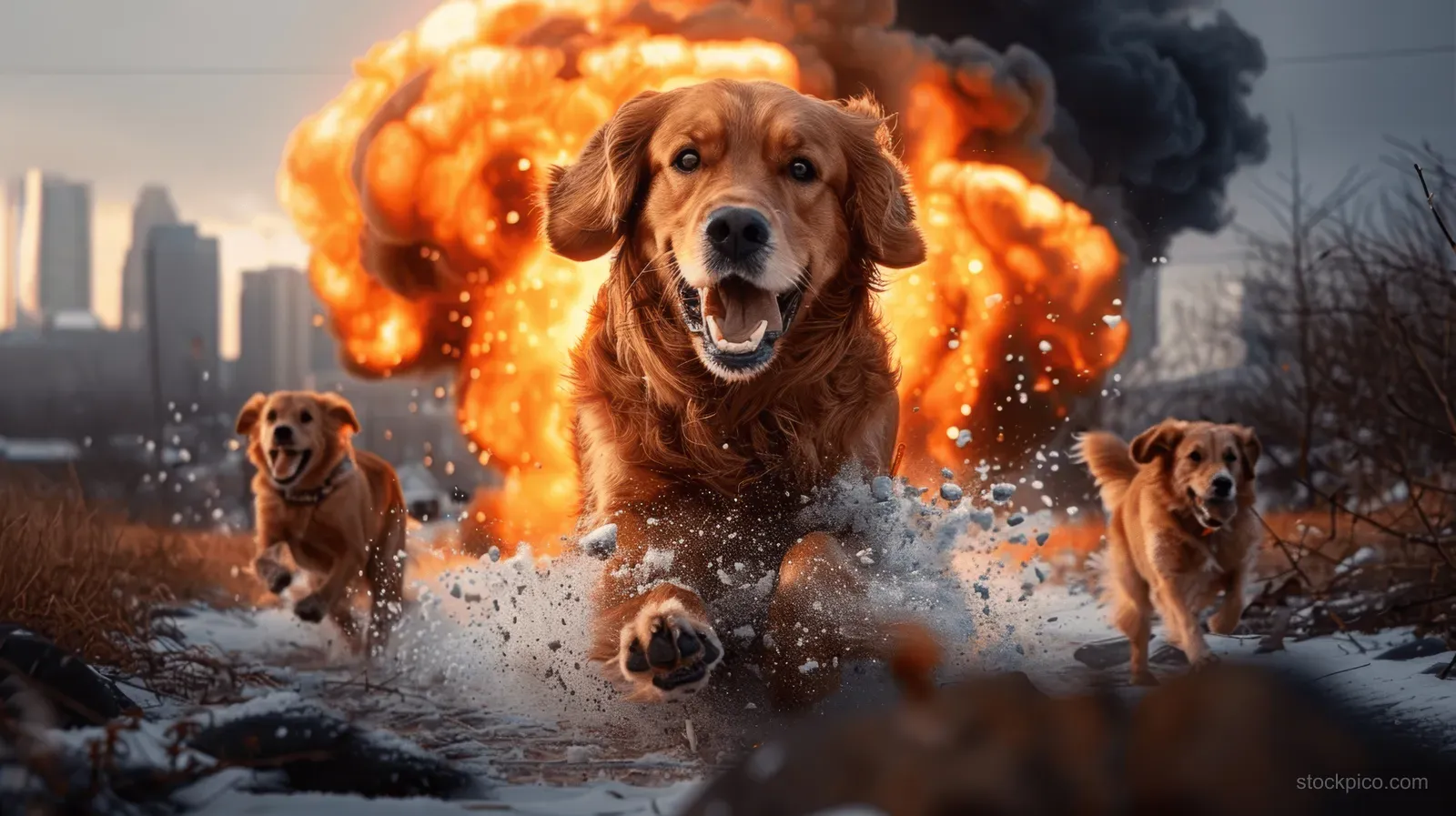 A golden retriever runs through snowy park as family members follow behind in winter.