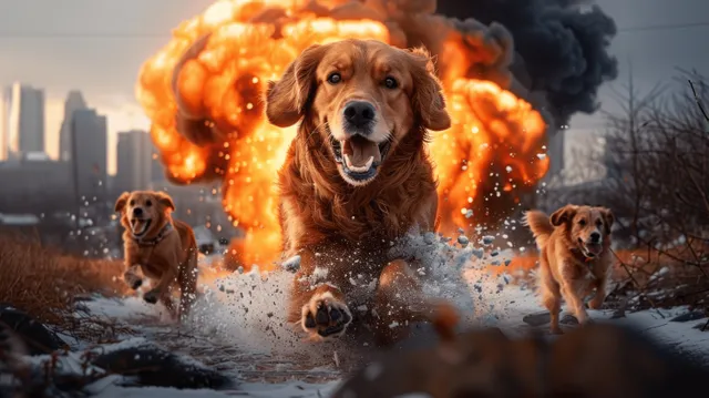 Golden retriever running through snowy park with family behind, playful winter action