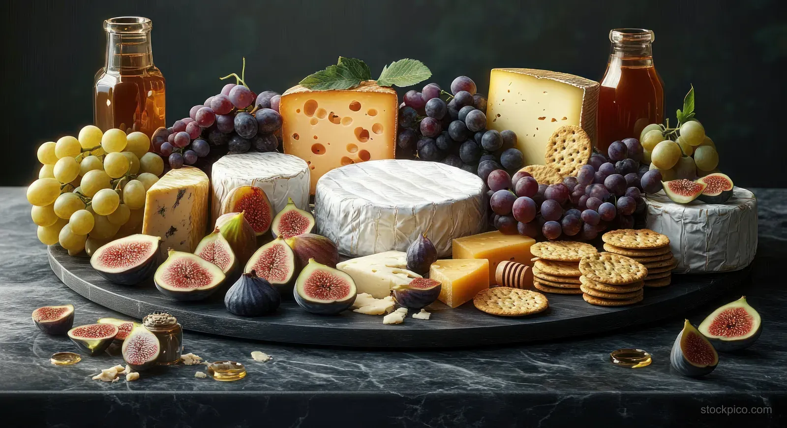 Assorted cheeses, figs, grapes, honey jars, and crackers presented on a dark marble platter.