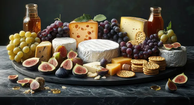 Assorted cheeses, figs, grapes, honey jars, and crackers presented on a dark marble platter.