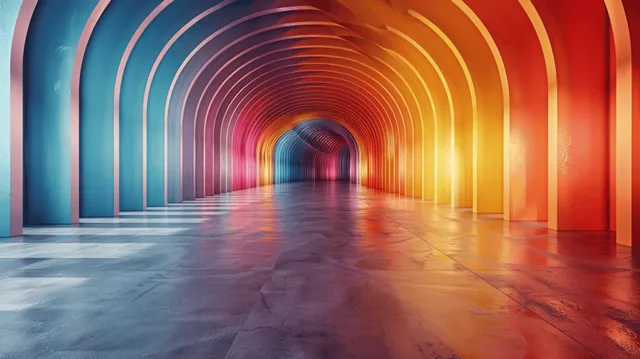 Rainbow-colored arched hallway recedes into the distance over a glossy reflective floor.