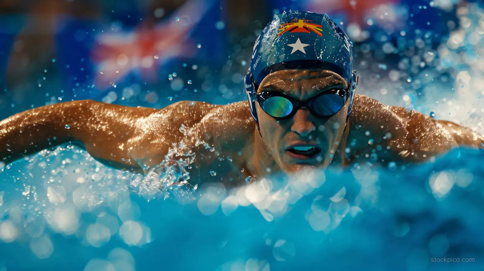An Australian male swimmer in goggles and swim cap races freestyle in a blue pool with water splashing around his arms.