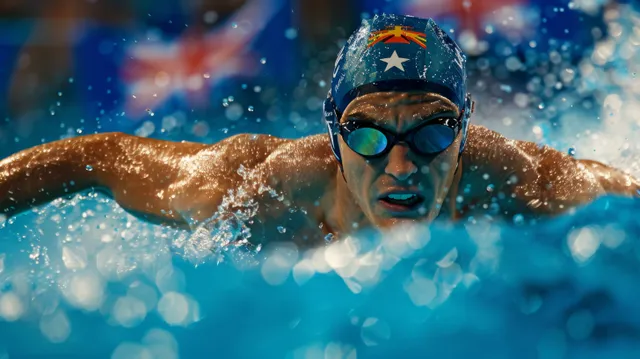 Australian male swimmer races in a pool during men’s 200m freestyle with splashing water