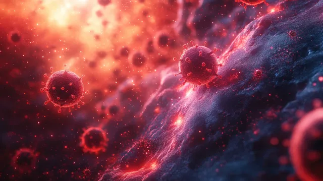 Red glowing virus particles float through a dark blue bloodstream network with bright light trails.