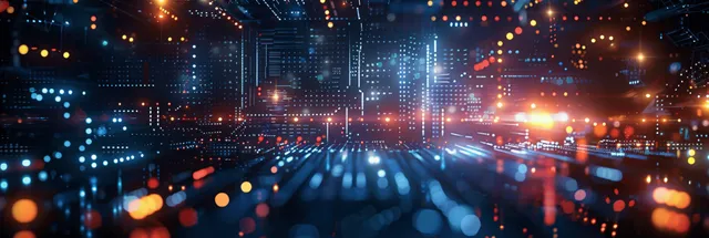 Glowing circuit network data streams over a futuristic city skyline at night