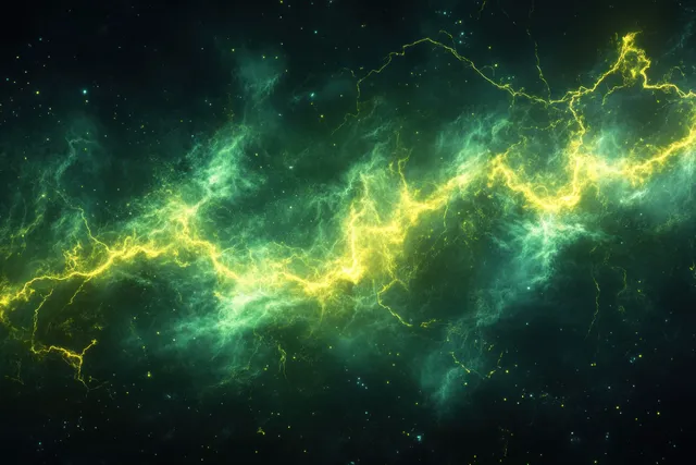 Green and yellow cosmic nebula glows with electric lightning streaks across a dark starry space backdrop.