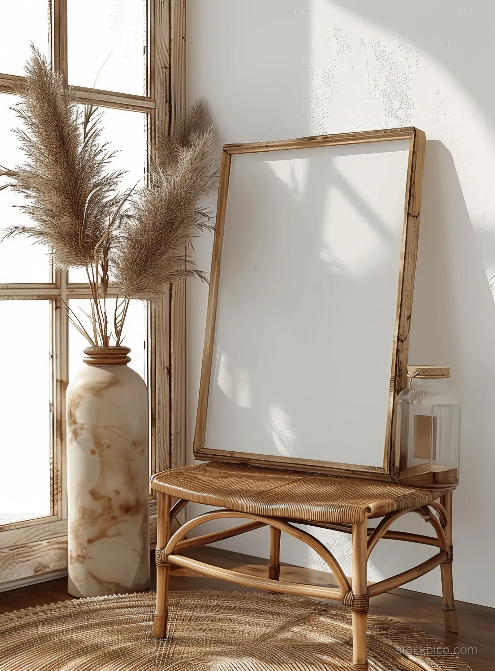 A blank wooden picture frame sits on a rattan table in a boho room with soft daylight shadows on a white wall.