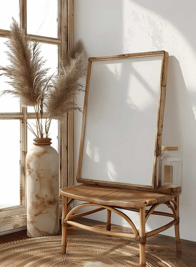 Wooden picture frame on rattan table against white wall with soft daylight shadows with Furniture And Surfaces