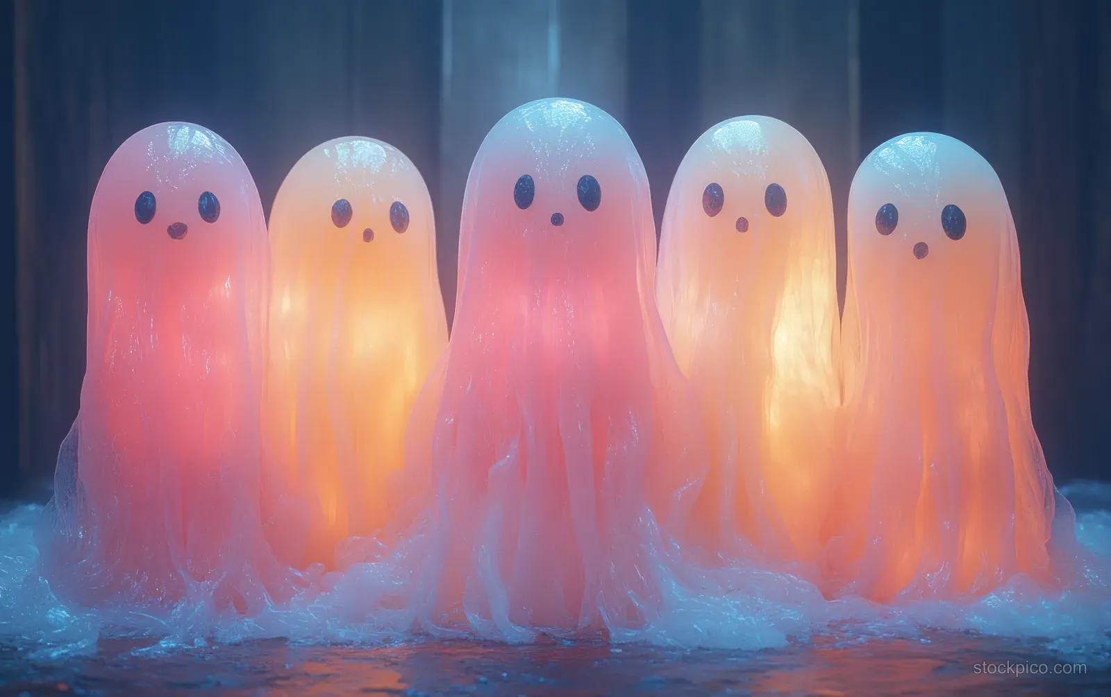 Four glowing pastel cartoon ghosts stand in foggy darkness, smiling with simple faces and soft light.