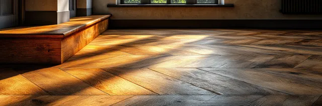 Warm parquet wood planks during flooring installation contrast with exposed cool concrete under slanted sunlight.