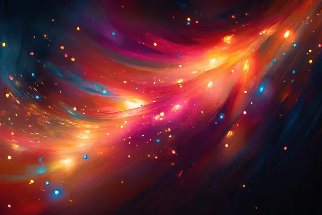 Swirling cosmic nebula with glowing stars, colorful dust clouds, and bright light ribbons across a dark space background.