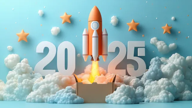 Rocket launching from open box over 2025 calendar, pastel clouds and floating stars