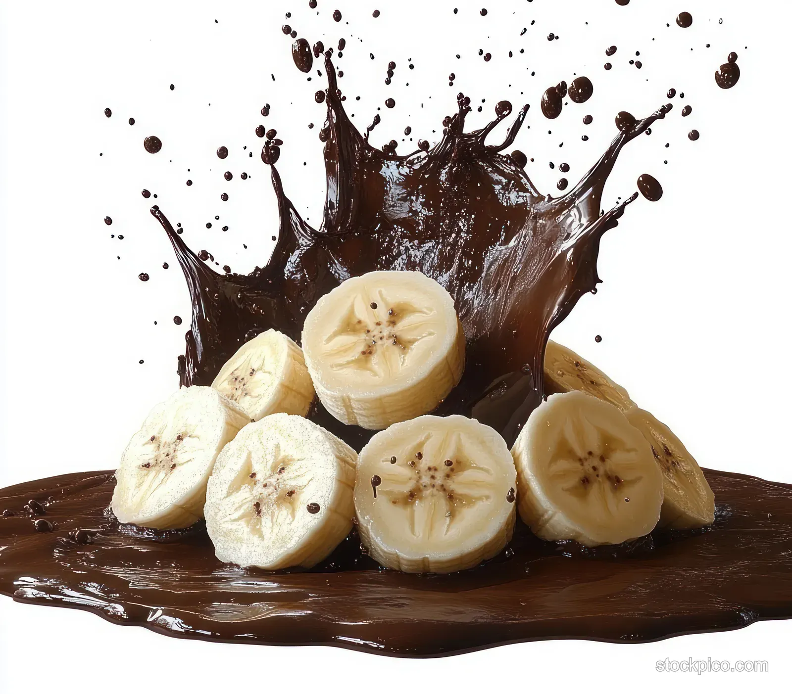 Banana slices sit in thick dark chocolate splash on a white background with cocoa droplets above.