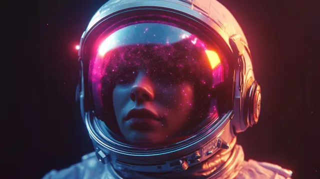Close-up astronaut wearing a detailed helmet, visor reflecting stars and glowing cosmic light.
