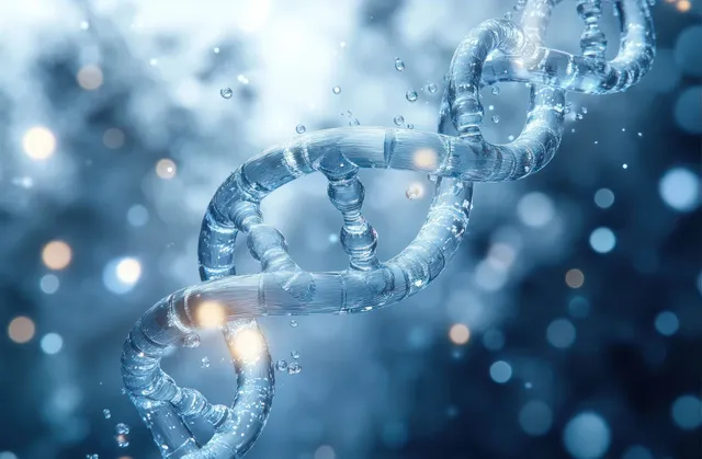 Translucent DNA double helix with shiny surfaces surrounded by floating water droplets against a soft blue light background.