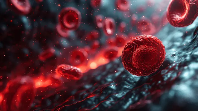 Red blood cells flowing through a human vein under dramatic microscopy lighting detail