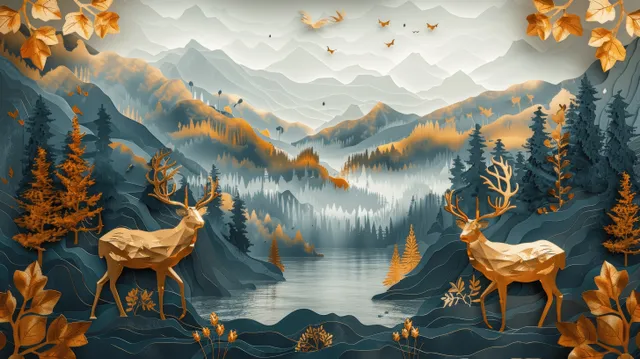 Golden deer silhouettes in dark-green forest, fantasy mountain valley paper cut landscape