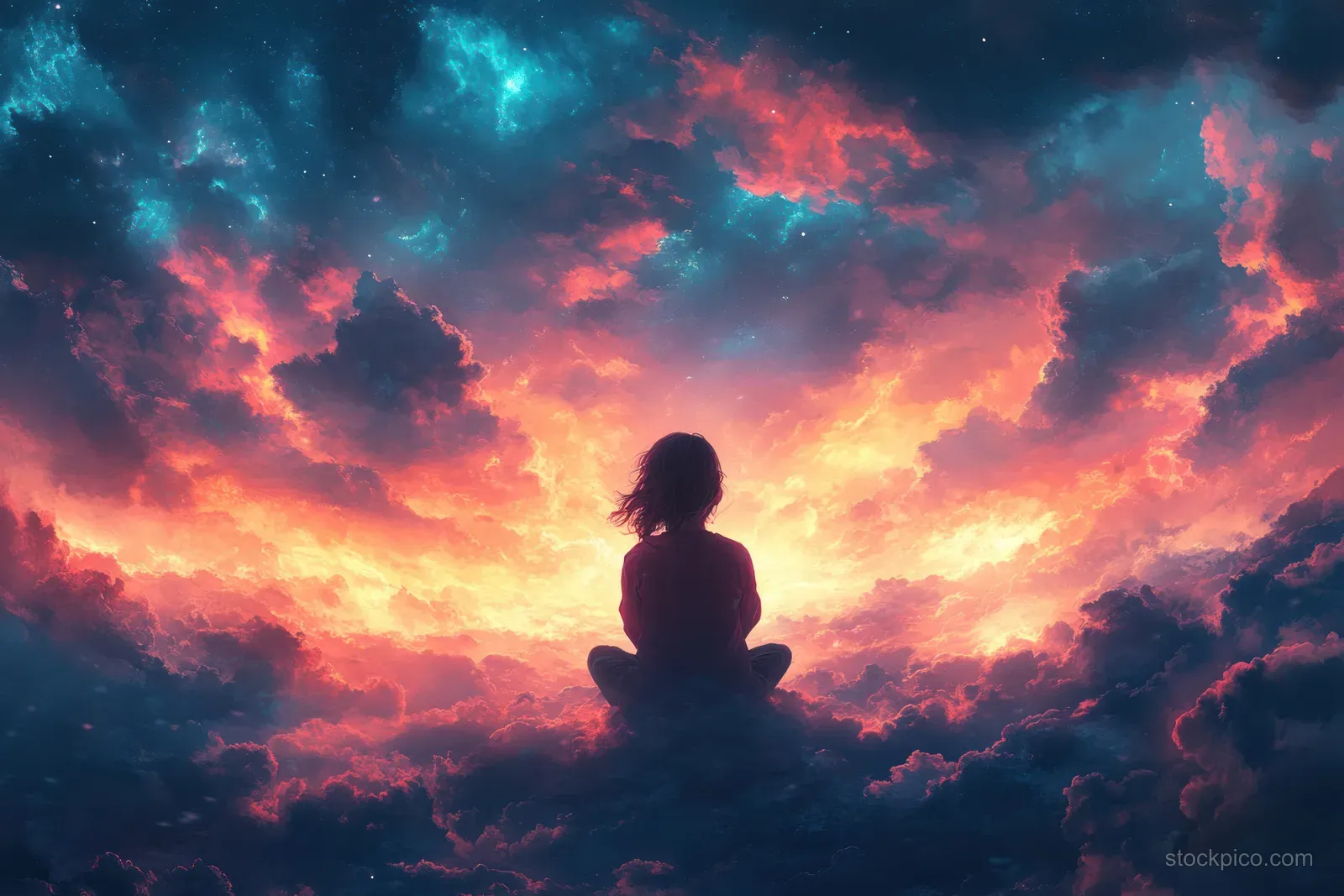 A child kneels in prayer under colorful clouds with glowing sunrise light behind them.