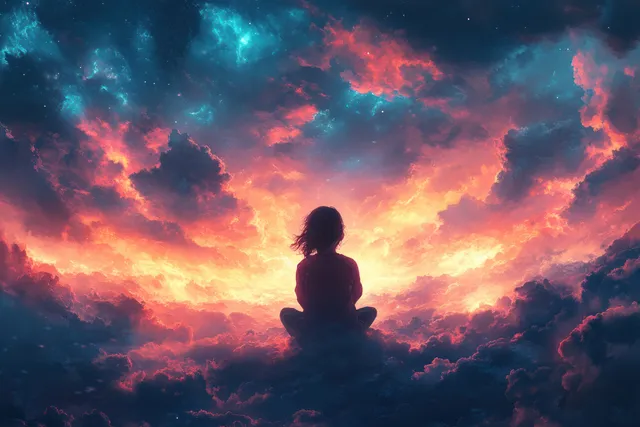 A child kneels in prayer under colorful clouds with glowing sunrise light behind them.