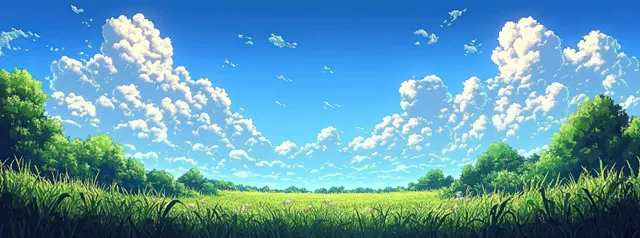 Retro pixel meadow with vivid green grass beneath a bright blue sky and fluffy white clouds.