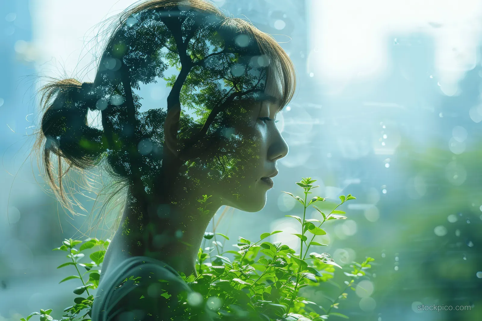 Woman’s side silhouette surrounded by overlapping tree leaves in hazy green light.