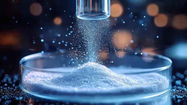 Fine white powder pours into a clear petri dish, sparkling under soft laboratory lighting with Out Of Focus Lights