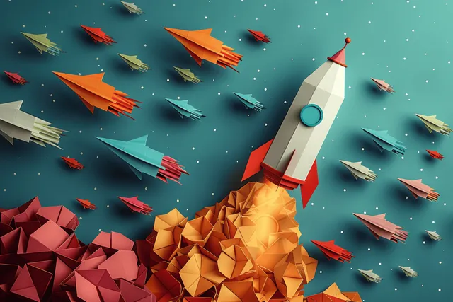 A rocket blasts from crumpled paper pieces into starry space with many small paper rockets around.