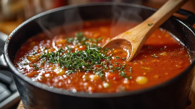 Steaming tomato soup simmering in a black pot as herbs are stirred with a wooden spoon