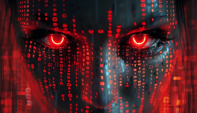 Cyberpunk AI face with red glowing eyes, surrounded by binary code and dark haze