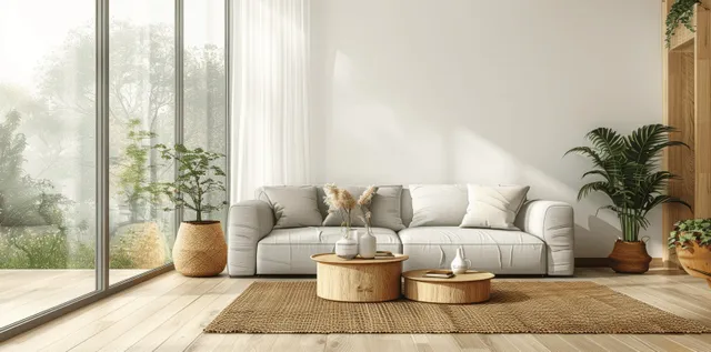 Minimalist living room interior with white sofa, side table, wooden floor, and a large window showing a nature view.