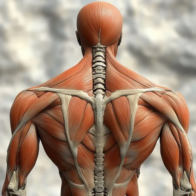 3D anatomical render highlights the trapezius muscles across the upper back over the spine and shoulders.