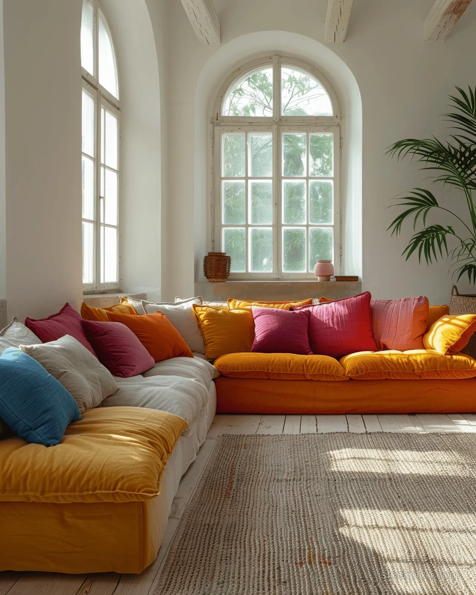 Colorful orange and blue sofas arranged in a bright Scandinavian living room beneath arched windows.
