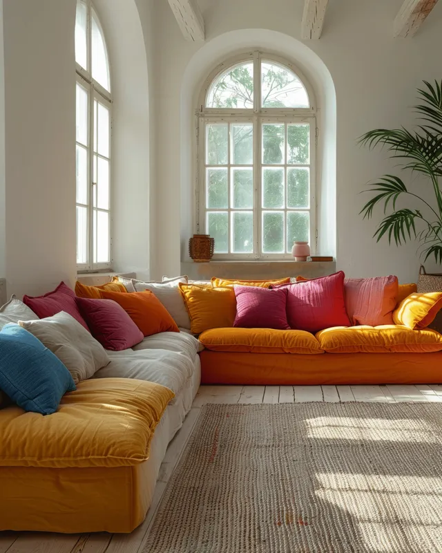 Colorful orange and blue sofas arranged in a bright Scandinavian living room beneath arched windows.