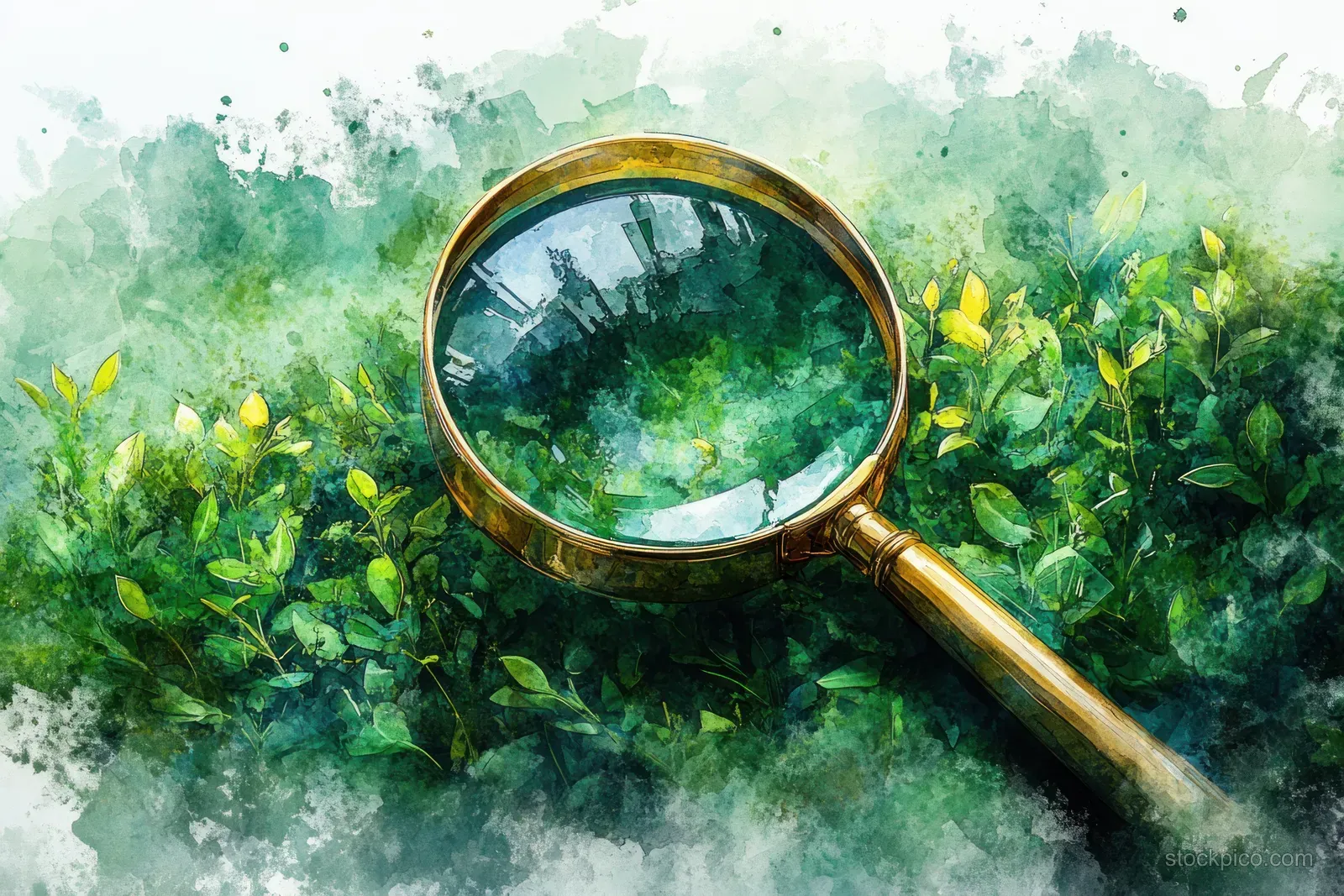 Gold magnifying glass over a lush green forest with watercolor mist and leafy plants in the background.