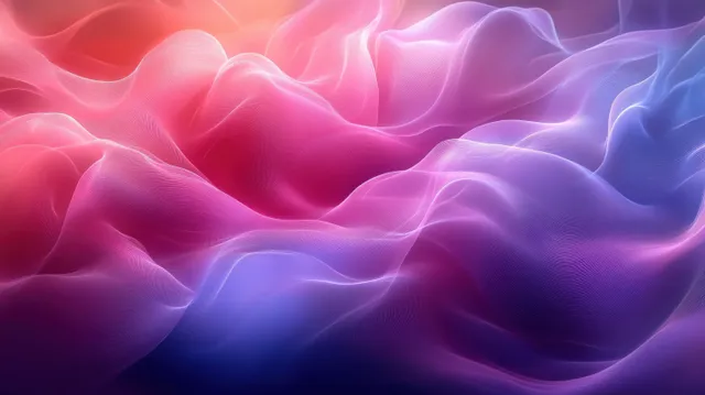 Glowing purple and blue wave ribbons swirl across a dark abstract background with soft light trails.