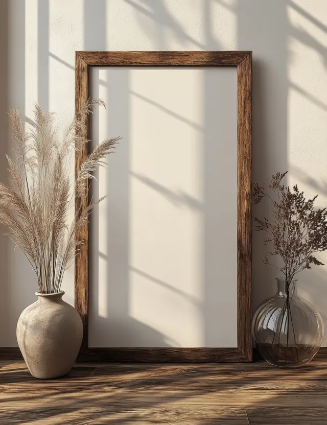 Blank wooden picture frame leaning on a soft white wall with sunlight shadows and floor planks.