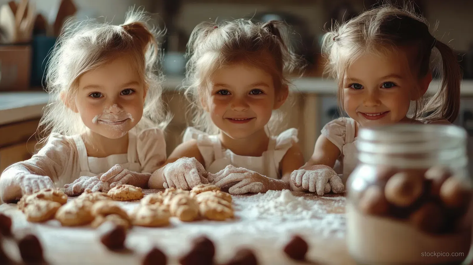 Three girls with flour on their faces smile while shaping cookies on a kitchen table with dough and rolling tools nearby.