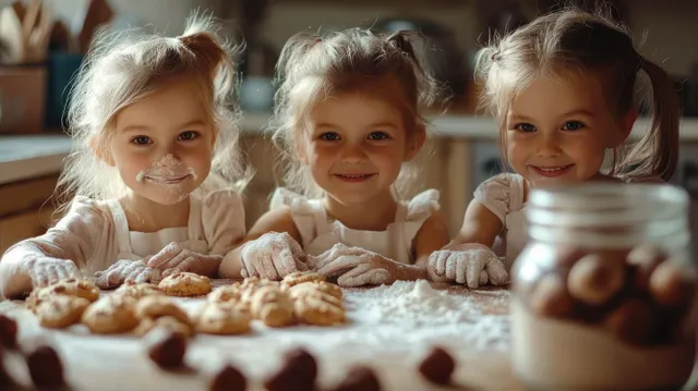 Three young girls smiling with flour-covered faces kneading cookie dough in a warm kitchen