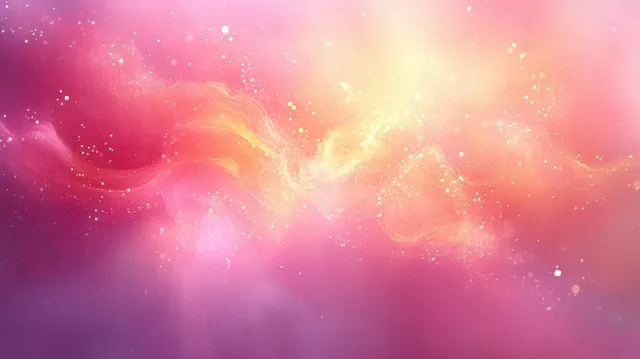 Pink and orange nebula clouds swirl through a star-filled cosmic background with soft glowing haze.