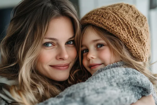 Mother and daughter hug in a hospital ward while resting under soft blankets.