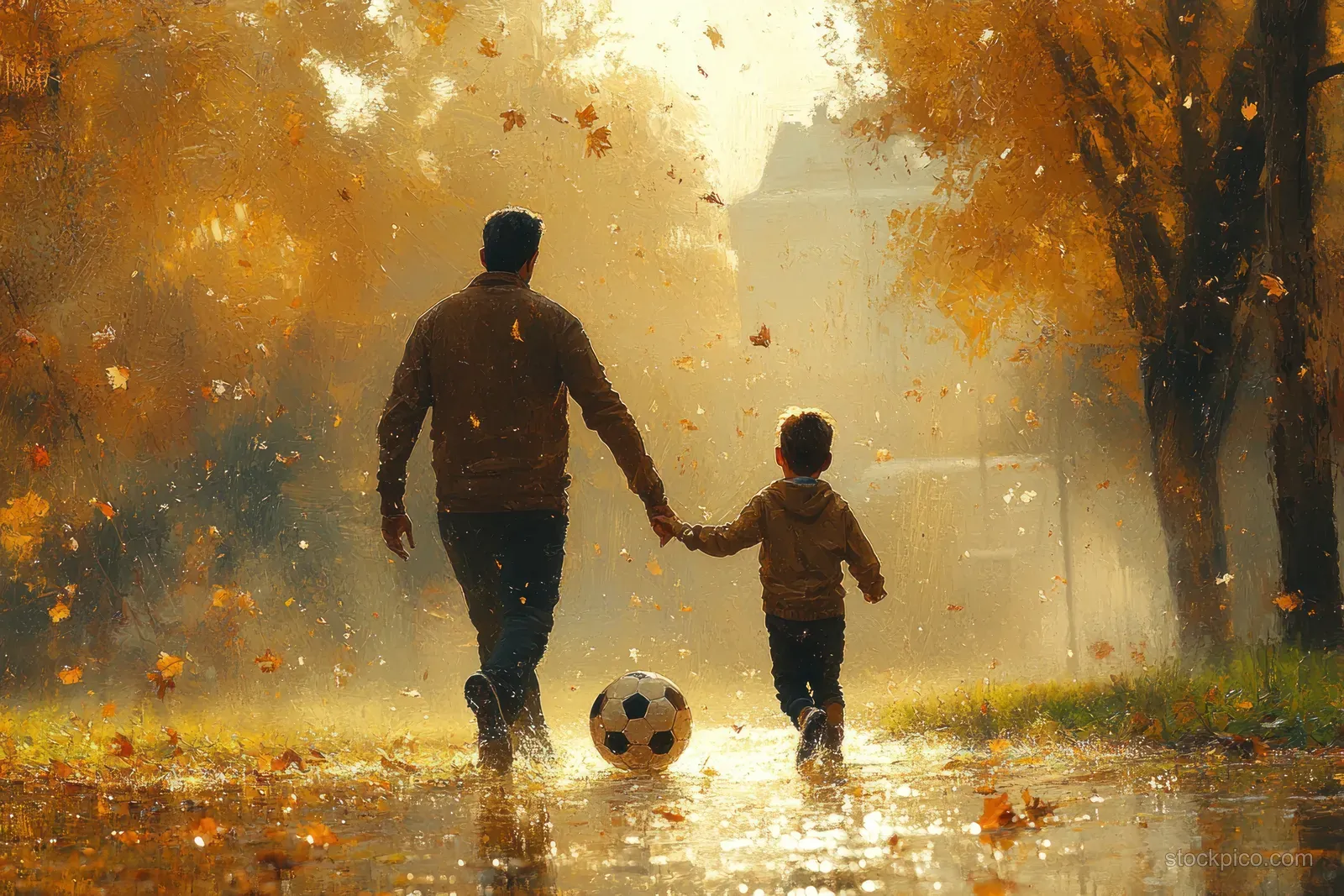 A father and son run toward a soccer ball in a sunlit park with drifting autumn leaves.