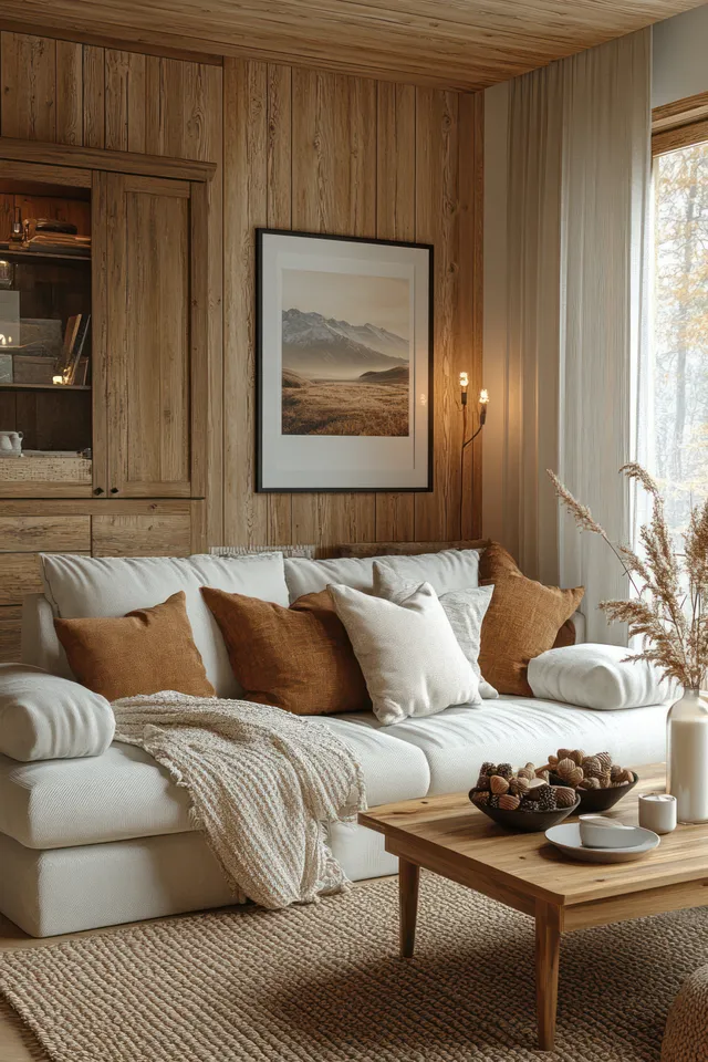 Scandinavian living room with a white sofa, wooden walls, Christmas decorations, and warm glowing lights.