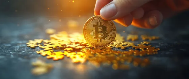 Una mano encaja una pieza de rompecabezas dorada sobre una moneda mientras fichas de Bitcoin doradas dispersas brillan sobre un fondo financiero desenfocado.