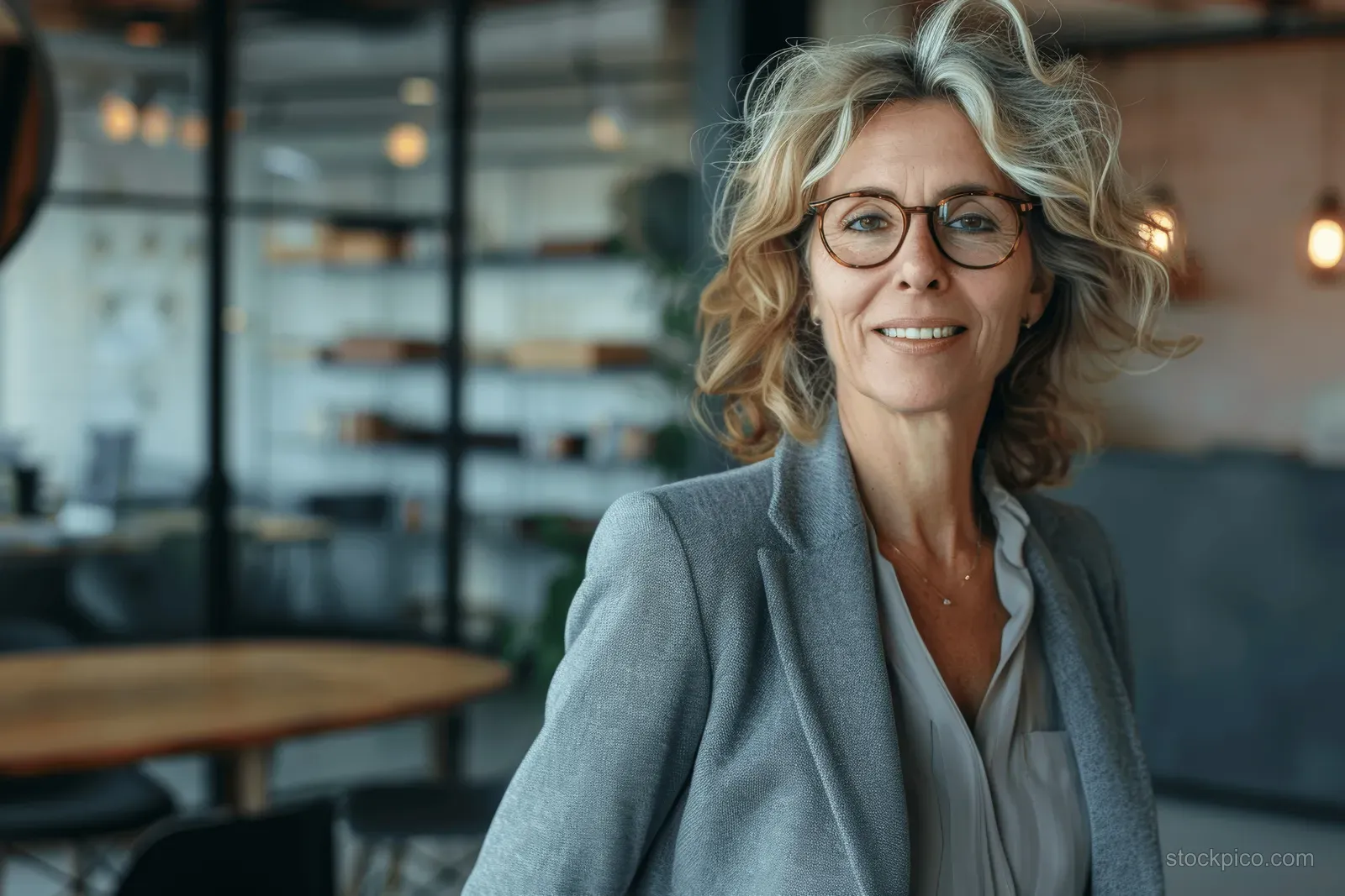 Smiling senior businesswoman wearing a blazer and eyeglasses standing in a modern office with glass walls.