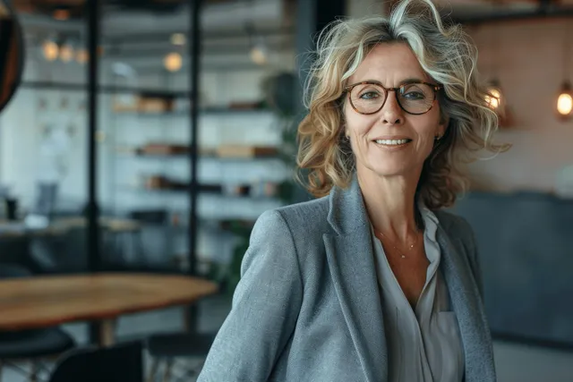 Smiling senior businesswoman standing in glass-walled corporate office with blazer and eyeglasses with Shallow Depth Of Field