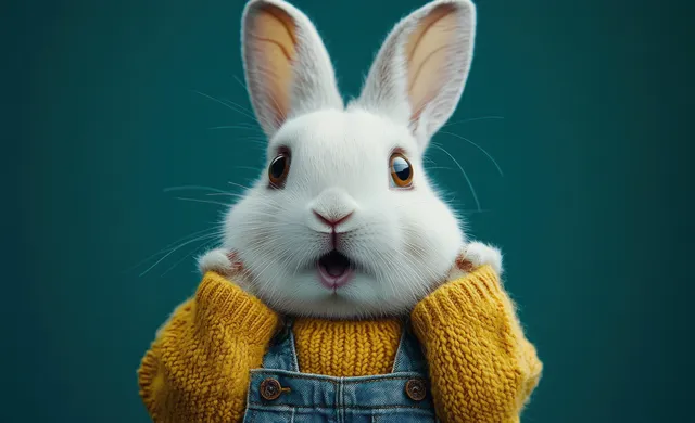 White rabbit with large eyes in mustard sweater and denim overalls looking surprised
